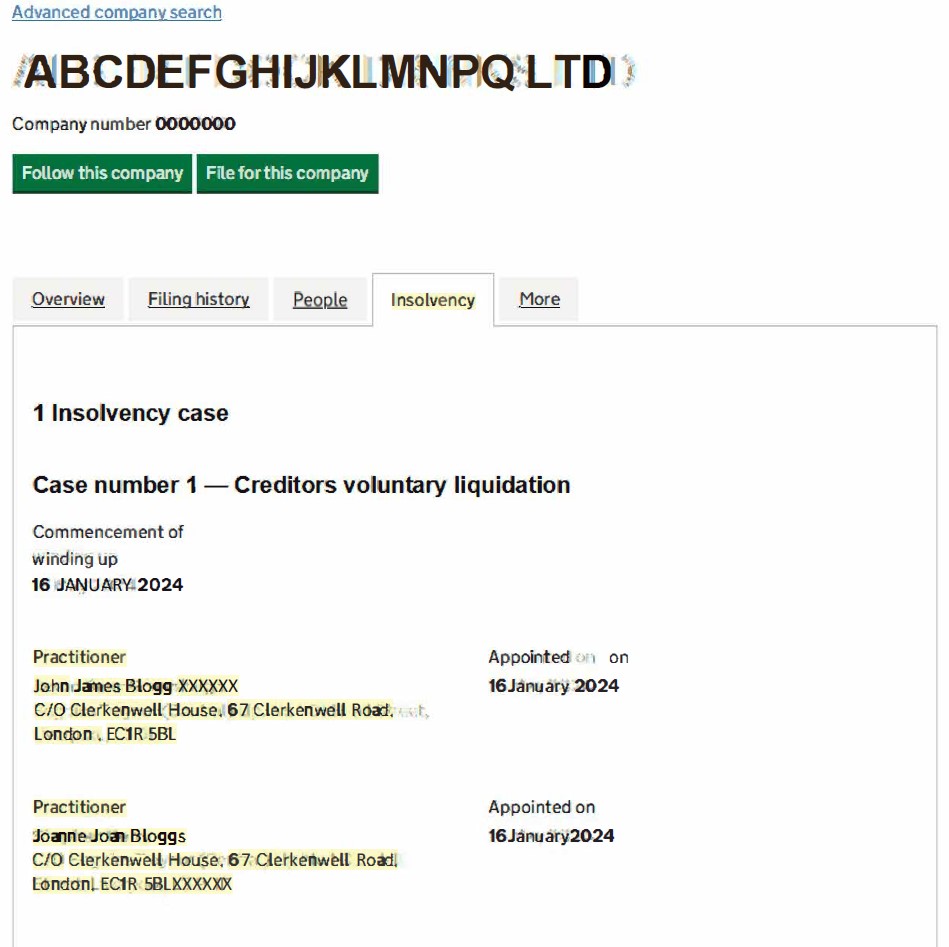 Companies House - Insolvency tab